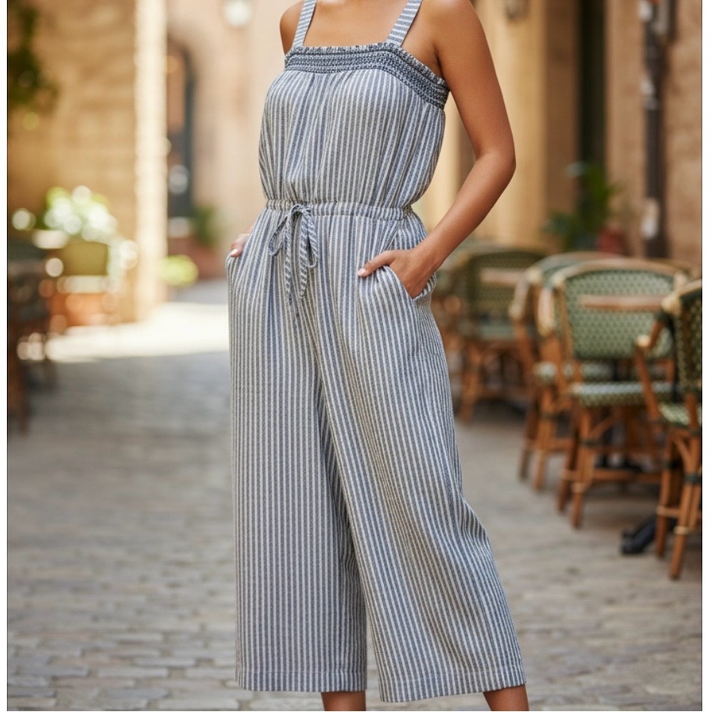 Universal Thread Blue and White Striped Cropped Jumpsuit